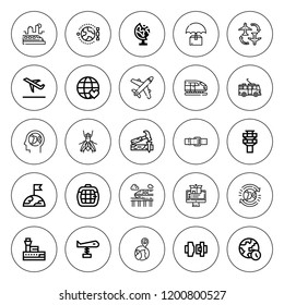 Plane icon set. collection of 25 outline plane icons with belt, carpenter, carrier, control tower, earth globe, earth, flight, insurance, fly, plane icons. editable icons.