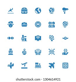 plane icon set. Collection of 25 filled plane icons included Vehicle, Aviation, Train, Departures, Airplane, World, Earth globe, Seat, Toy, Safety belt, Metro, Carrier, Militar