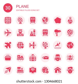 plane icon set. Collection of 30 filled plane icons included Vehicle, Earth globe, Train, Earth, Custom, Airplane, Pilot, Toy, Seat, Aviation, World, Landing, Transport, Send