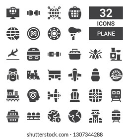 plane icon set. Collection of 32 filled plane icons included Train, Pilot, Earth, World, Seats, Carrier, Vehicle, Seat, Airplane, Insurance, Toy, Miscellaneous, Fly, Transport
