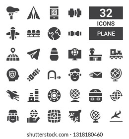 plane icon set. Collection of 32 filled plane icons included Landing, Earth globe, Airplane, Vehicle, World, Pilot, Earth, Train, Transport, Toy, Send, Militar, Hacksaw, Seat belt