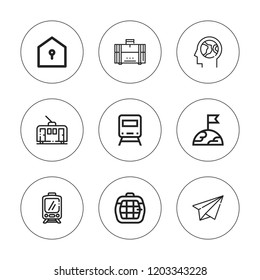 Plane icon set. collection of 9 outline plane icons with baggage, carrier, earth, insurance, paper plane, train icons. editable icons.
