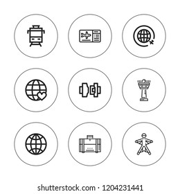 Plane icon set. collection of 9 outline plane icons with baggage, boarding pass, control tower, seatbelt, train, world, travel icons. editable icons.