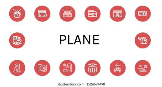 plane icon set. Collection of Fly, Bus, Train, Tram, Hostess, Travel, Itinerary, Cable car, Tourist, Airport, Helicopter icons