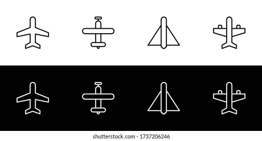 Plane icon set. Flat design icon collection isolated on black and white background. 