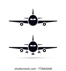 Plane Icon set in flat style, Vector airplane simple black silhouette on white background.