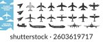 Plane icon set. Flight transport symbol isolated on transparent. Airplane illustration sign collection