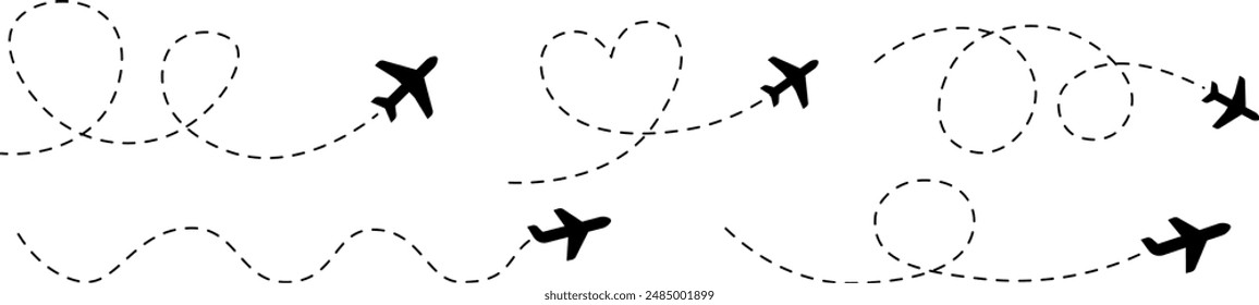 Conjunto de iconos de plano. Símbolo de transporte de vuelo. Icono de avión Vector con traza de línea. Ilustración plana de viaje. Símbolo de viaje. Vector EPS 10