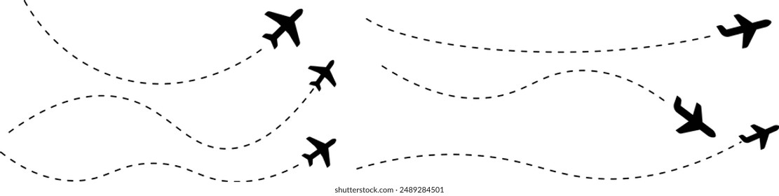 Plane icon set. Flight transport symbol. Airplane icon vector with line trace. Travel flat illustration. Travel symbol. Vector EPS 10