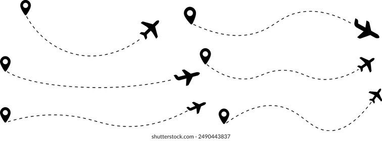 Plane icon set. Flight transport symbol. Airplane icon vector with line trace. Travel flat illustration. Travel symbol. Vector EPS 10