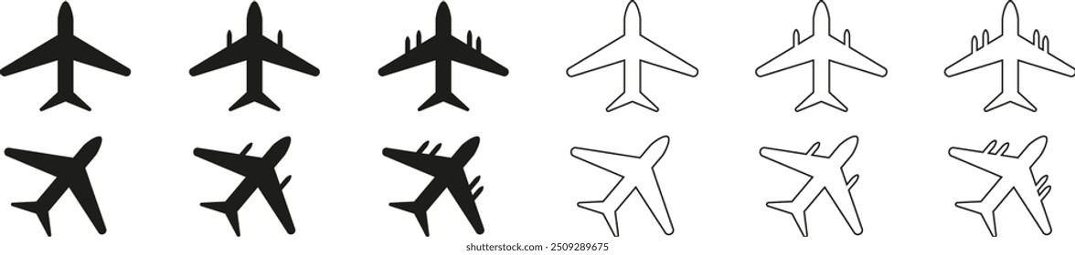 Conjunto de ícones Plano. Símbolo de transporte de voo. Ícone vetorial do avião. Ilustração do plano de viagem. Símbolo de viagem. Vetor EPS 10