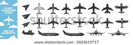 Plane icon set. Flight transport symbol isolated on transparent. Airplane illustration sign collection