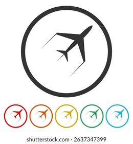Plane icon. Set icons in color circle buttons