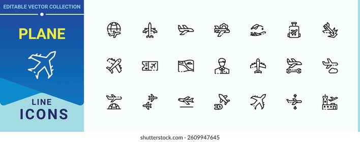 Plane icon set. Includes thin line symbols aviation, landing, airline, air and more. Airplane modern icon. Minimalist vector collections. Editable stroke vector art.