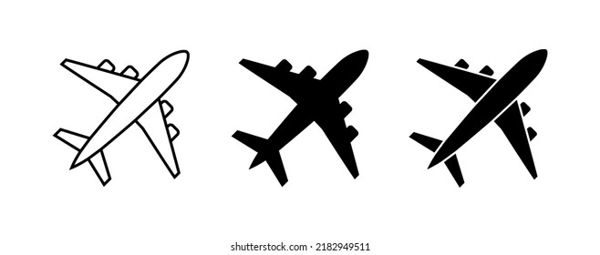 Plane icon set isolated on white background, airplane symbol in flat style. Airplane sign. Abstract plane icon in black. Vector illustration for web site design, logo, app, UI