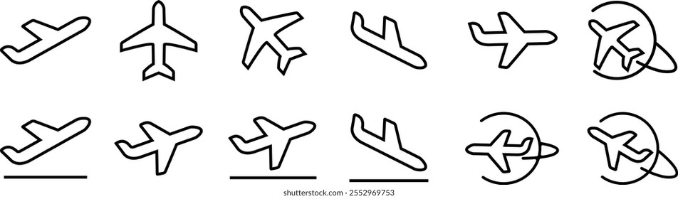 Plane icon set. Travel concept. Departures and arrivals symbol Airplane icon vector silhouette travel flight simple logo on isolated transparent background. Flight transport symbol.