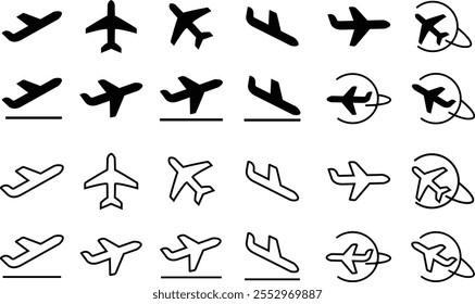 Plane icon set. Travel concept. Departures and arrivals symbol Airplane icon vector silhouette travel flight simple logo on isolated transparent background. Flight transport symbol.