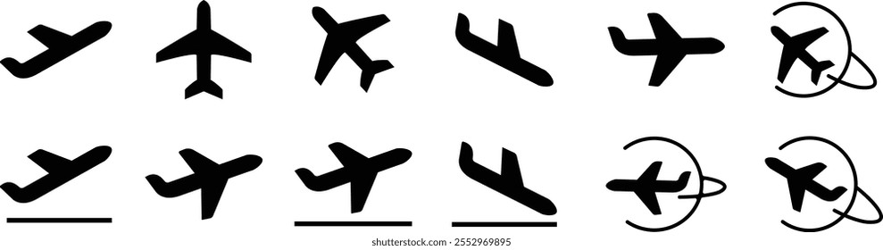 Plane icon set. Travel concept. Departures and arrivals symbol Airplane icon vector silhouette travel flight simple logo on isolated transparent background. Flight transport symbol.