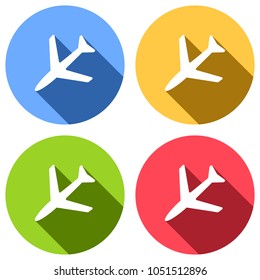 Plane icon. Set of white icons with long shadow on blue, orange, green and red colored circles. Sticker style