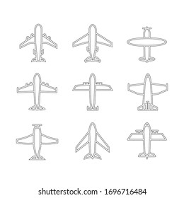 Plane icon, sign, pictogram, symbol black set isolated on a white background thin line or outline style. Airplane silhouette, model plane. Fly and jet collection