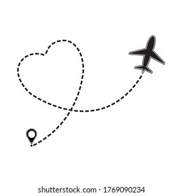 Plane icon from start to destination and dashed line tracking for air travel