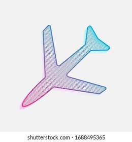 Plane icon. Technology logo with diagonal lines and colored gradient. Neon graphic, light effect. Blue and red colors