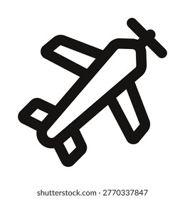 Plane icon. This sleek minimal outline icon captures a compact side‑view airplane with wings and tail in a simple vector style, ideal for airline apps, travel‑booking sites, and airport‑wayfinding graphics. Its clean line art and recognizable silhouette make it perfect for icons in flight‑status screens, boarding‑pass UIs, and travel‑branding materials focused on journeys, departures, and sky‑transport.