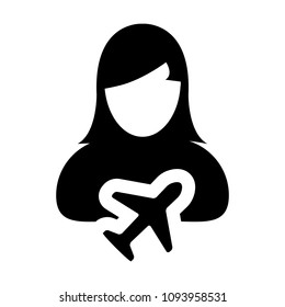 Plane icon vector female user person profile avatar symbol for transportation in flat color glyph pictogram illustration