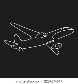 Plane icon vector illustration. Airplane. Airliner. Jet. Fly. Black and white. Black background. One line drawing.