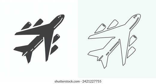 Ilustración vectorial de icono de plano. Signo y símbolo del avión. Símbolo de transporte de vuelo. icono de línea de plano en fondo blanco. Diseño vectorial del logotipo del icono del avión