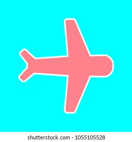 Plane Icon. Vector. Magenta icon with white sticker contour at sky blue background. Isolated.