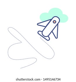 Plane Icon Vector.Airplane line path vector icon of air plane flight route with start point and dash line trace.