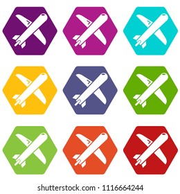 Plane icons 9 set coloful isolated on white for web