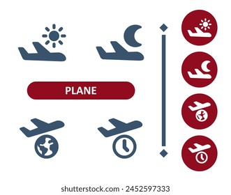 Plane Icons. Airplane, Flight, Flying, Day, Night, Globe, Earth, Around The World, Travel Icon. Professional, 32x32 pixel perfect vector icon.