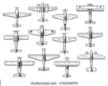 Plane icons, airplane and retro propeller aircraft, vector top view. Plane symbols and aircraft types with propeller engines and pilot cockpit deck, civil and military aviation transport