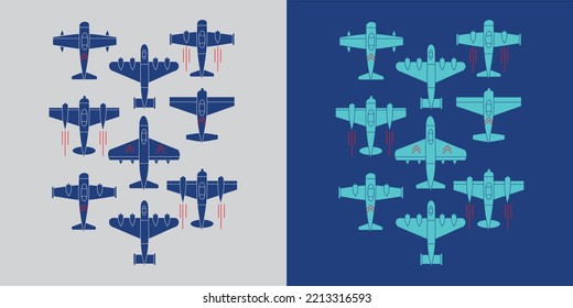 Plane icons, airplane and retro propeller aircraft, vector top view. Plane symbols and aircraft types with propeller engines and pilot cockpit deck, civil and military aviation transport