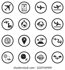 Iconos del avión. Diseño Plano Negro En Círculo. Ilustración vectorial.