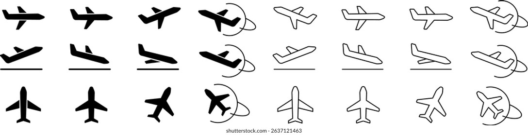 Plane Icons with Orbit Lines. Vector airplane icons with curved orbit lines, symbolizing international travel, flights, and global connections. Vector EPS 10