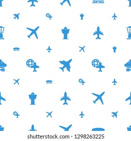 plane icons pattern seamless white background. Included editable filled airport tower, airport, globe and plane, cargo plane back view icons. icons for web and mobile.