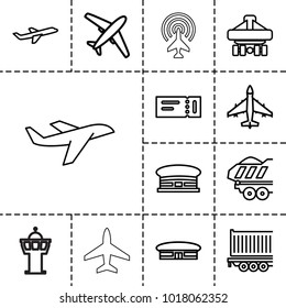 Plane icons. set of 13 editable outline plane icons such as ticket, airport, cargo trailer