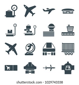 Plane icons. set of 16 editable filled plane icons such as lugagge weight, airport, airport tower, plane, ticket, globe
