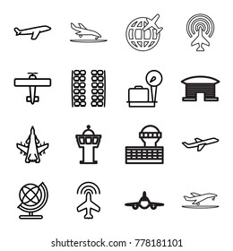 Plane icons. set of 16 editable outline plane icons such as lugagge weight, globe, airport tower