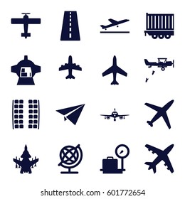 plane icons set. Set of 16 plane filled icons such as plane, runway, lugagge weight, globe