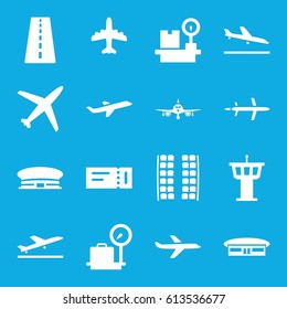 Plane icons set. set of 16 plane filled icons such as runway, ticket, lugagge weight, airport