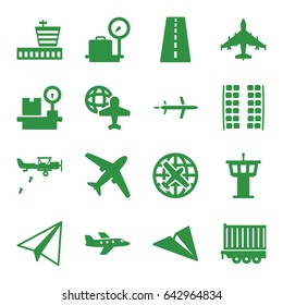 Plane icons set. set of 16 plane filled icons such as runway, plane seats, lugagge weight, airport, airport tower