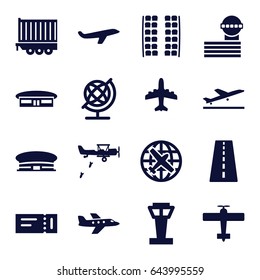 Plane icons set. set of 16 plane filled icons such as airport tower, runway, ticket, airport, globe