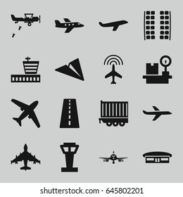 Plane icons set. set of 16 plane filled icons such as airport tower, runway, airport, cargo trailer