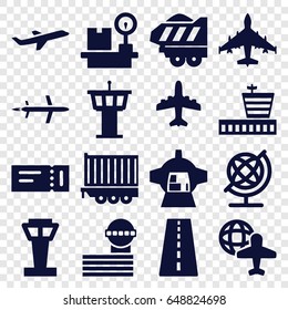 Plane icons set. set of 16 plane filled icons such as airport tower, runway, ticket, airport, globe, plane, cargo trailer