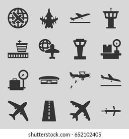Plane icons set. set of 16 plane filled icons such as airport tower, runway, lugagge weight