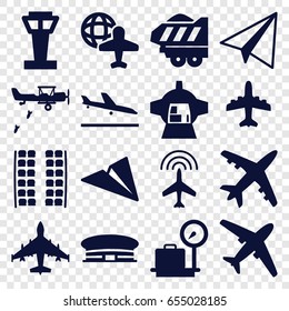 Plane icons set. set of 16 plane filled icons such as airport tower, plane, plane landing, lugagge weight, airport